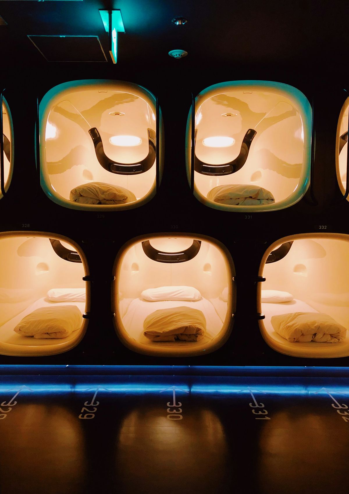 Sleeping pods inside a capsule hotel in Tokyo