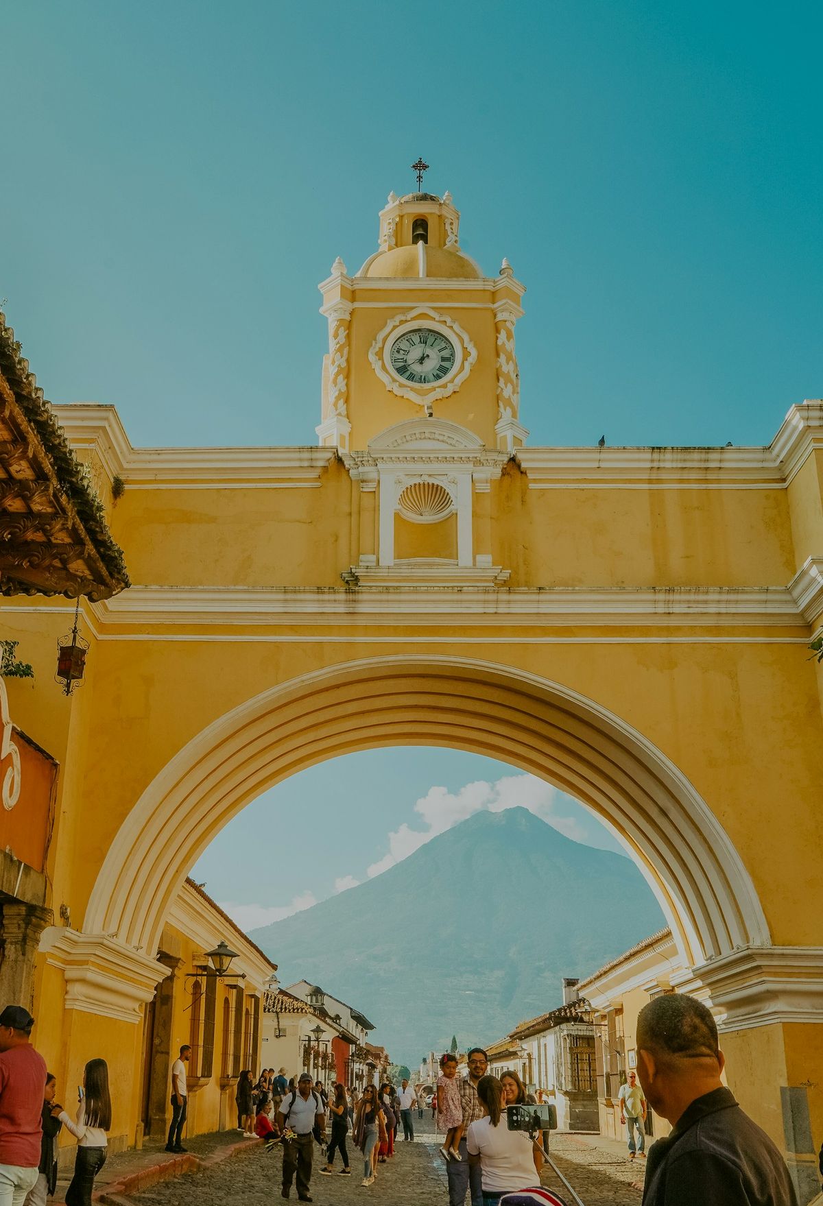 Colonial Antigua Guatemala with a volcano behind