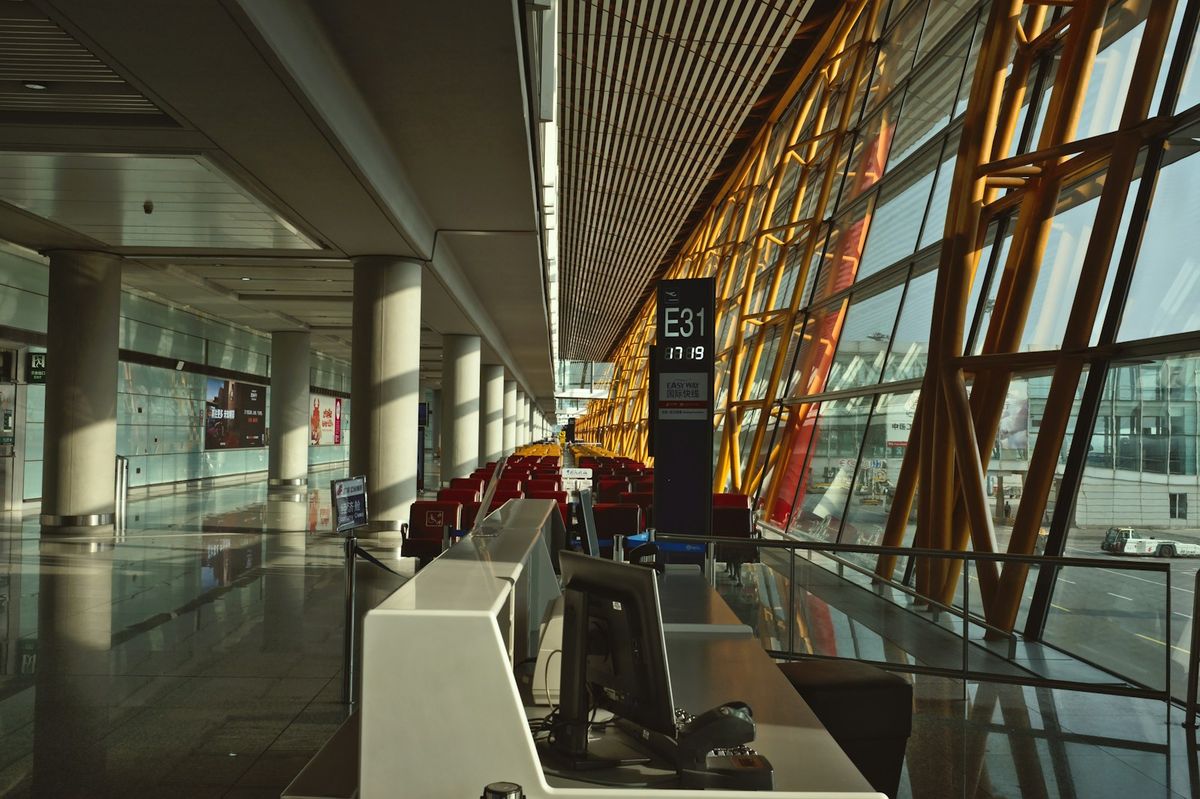 Empty check-in area in a modern Chinese airport terminal