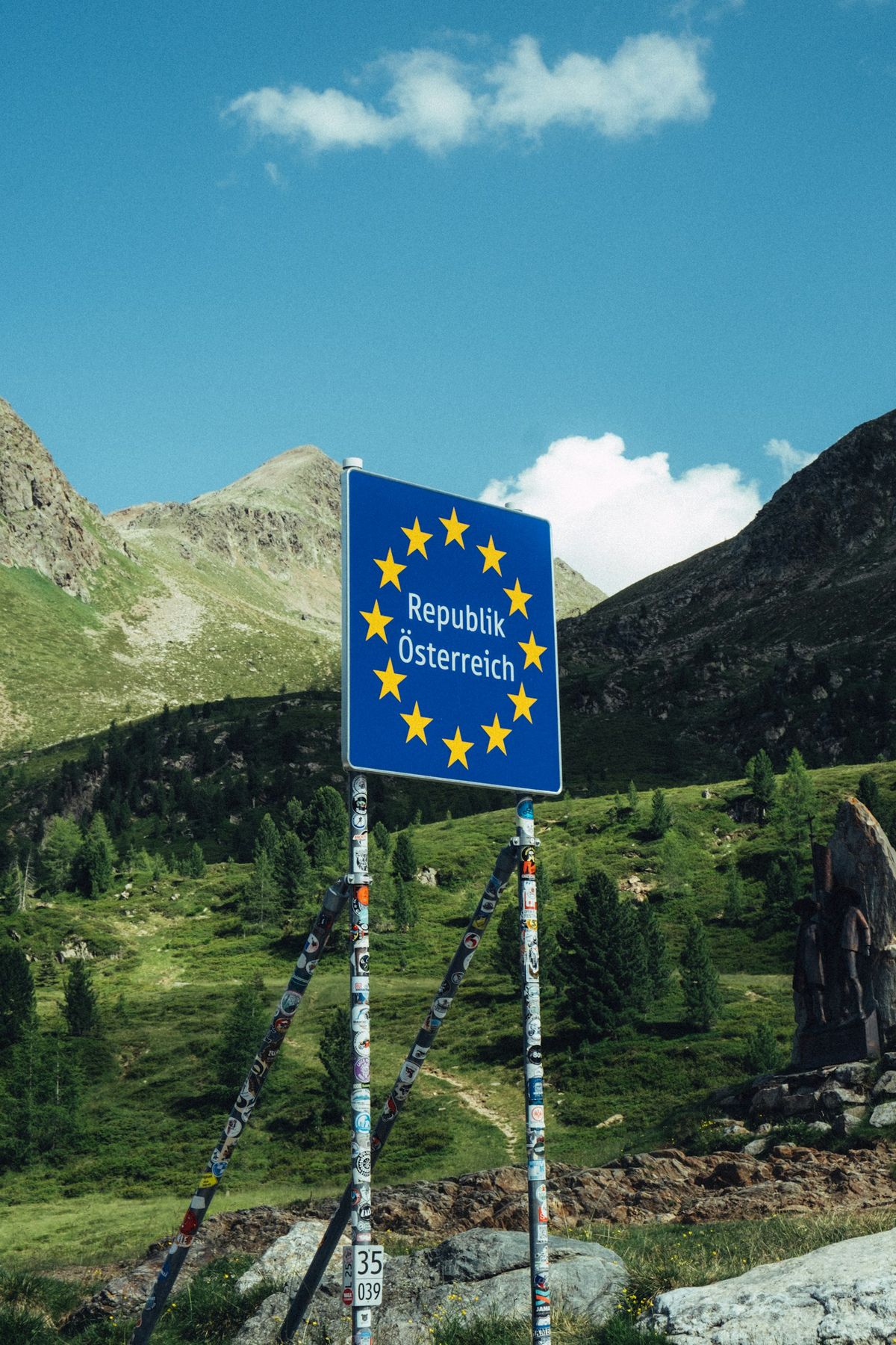 Austria European Union border sign in mountain landscape