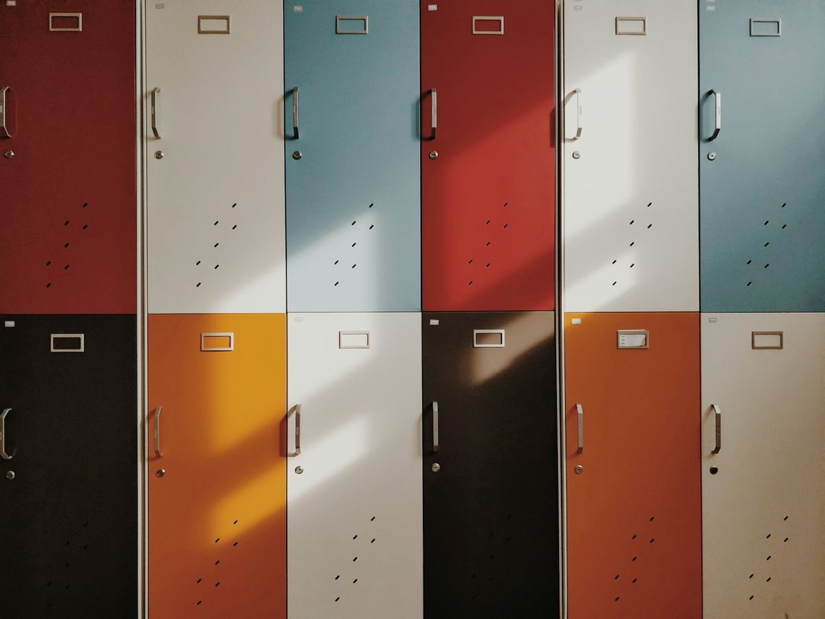 Row of colourful luggage storage lockers