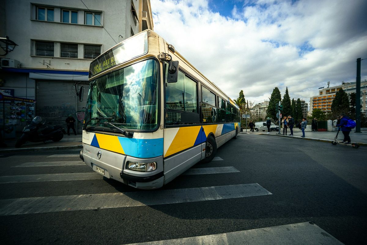 Public bus in Athens, Greece, crossing an intersection