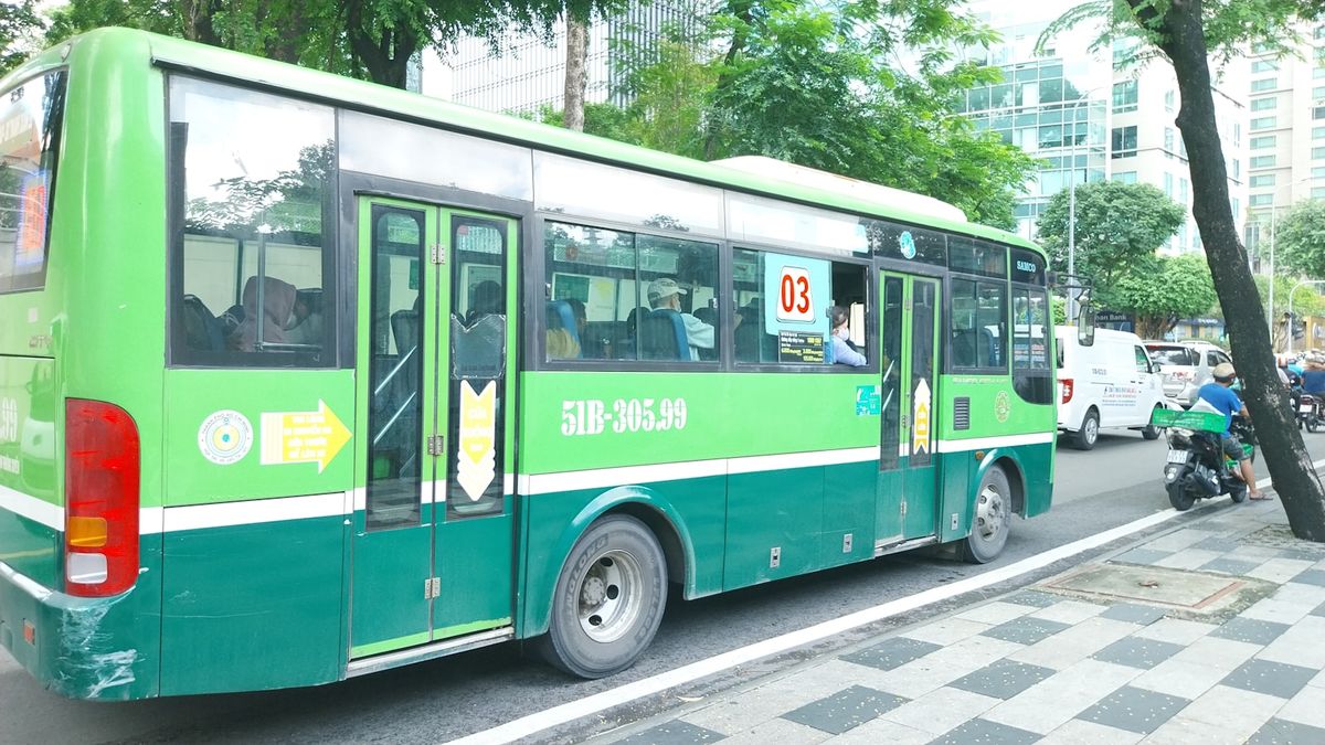 Green city bus driving on a tree-lined street in Vietnam