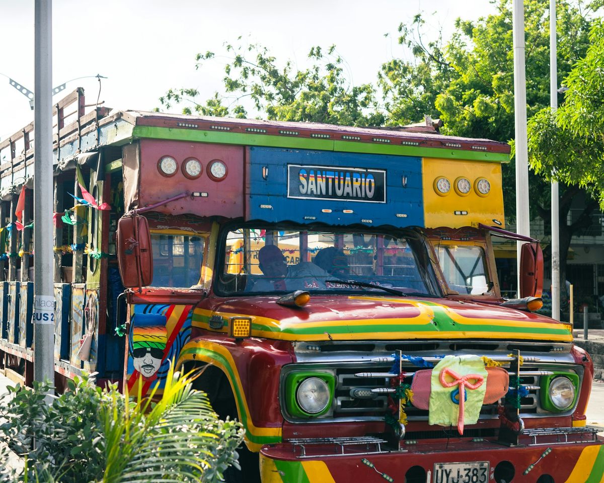 A colourful traditional chiva bus in Colombia