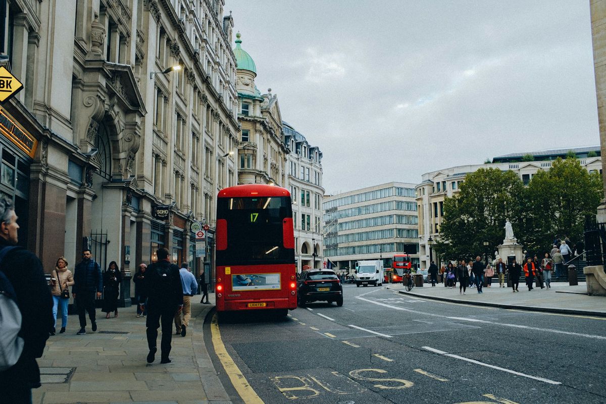 Double-decker coach on a UK city street