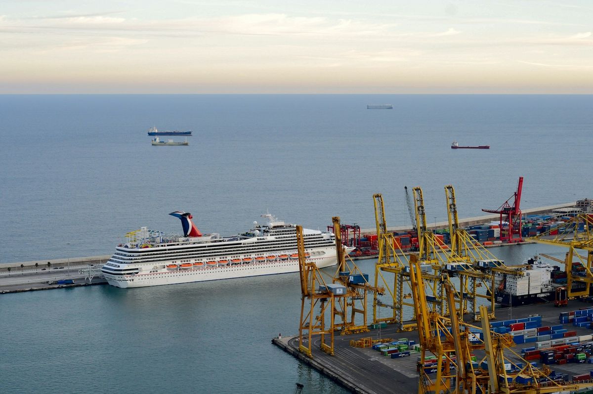 White cruise ship on the sea near Barcelona