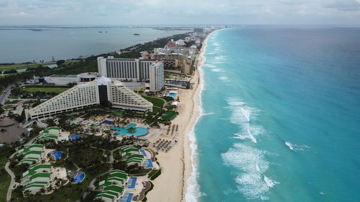 Aerial view of Cancun hotel zone and beach