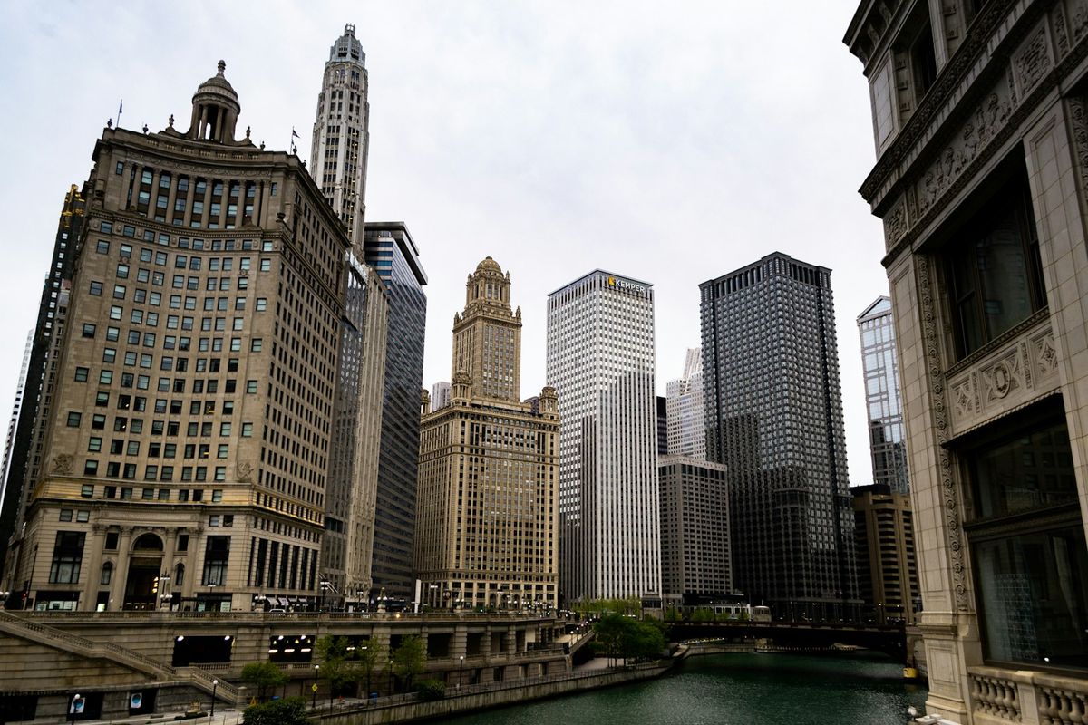 The Chicago River winding through downtown skyscrapers