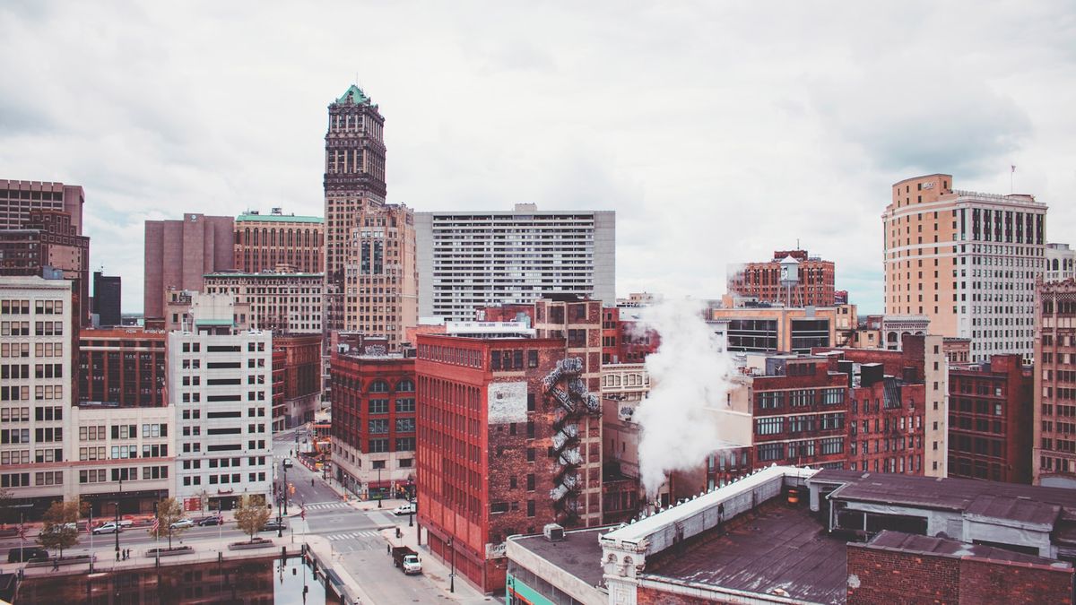 High angle view of downtown Detroit high-rise buildings