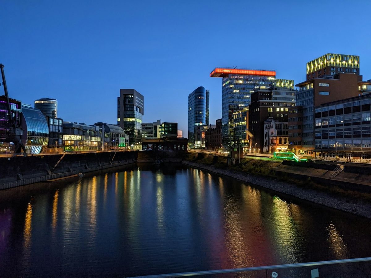 Medienhafen waterfront district in Dusseldorf with modern buildings