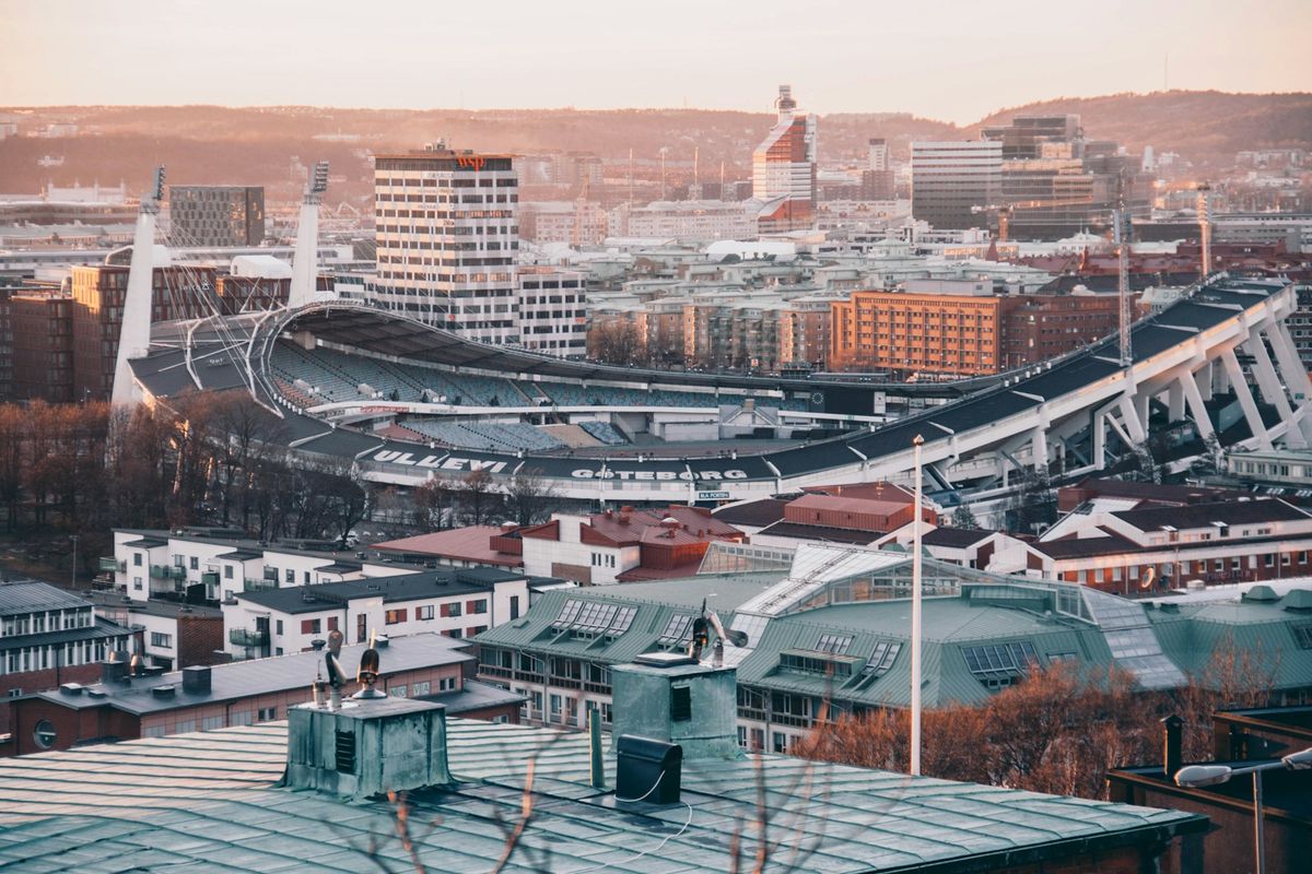 Aerial view of Gothenburg Sweden city buildings from above