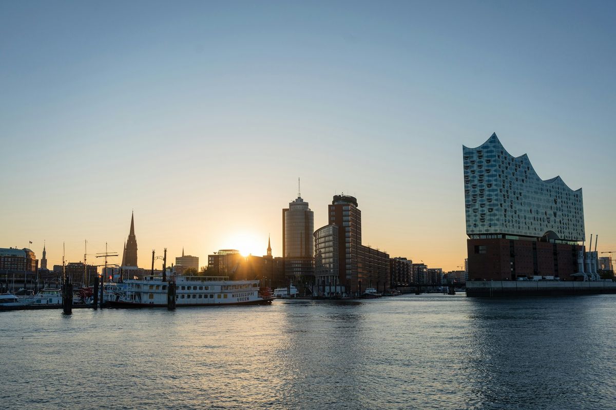 Hamburg skyline across the Elbe waterway with Elbphilharmonie