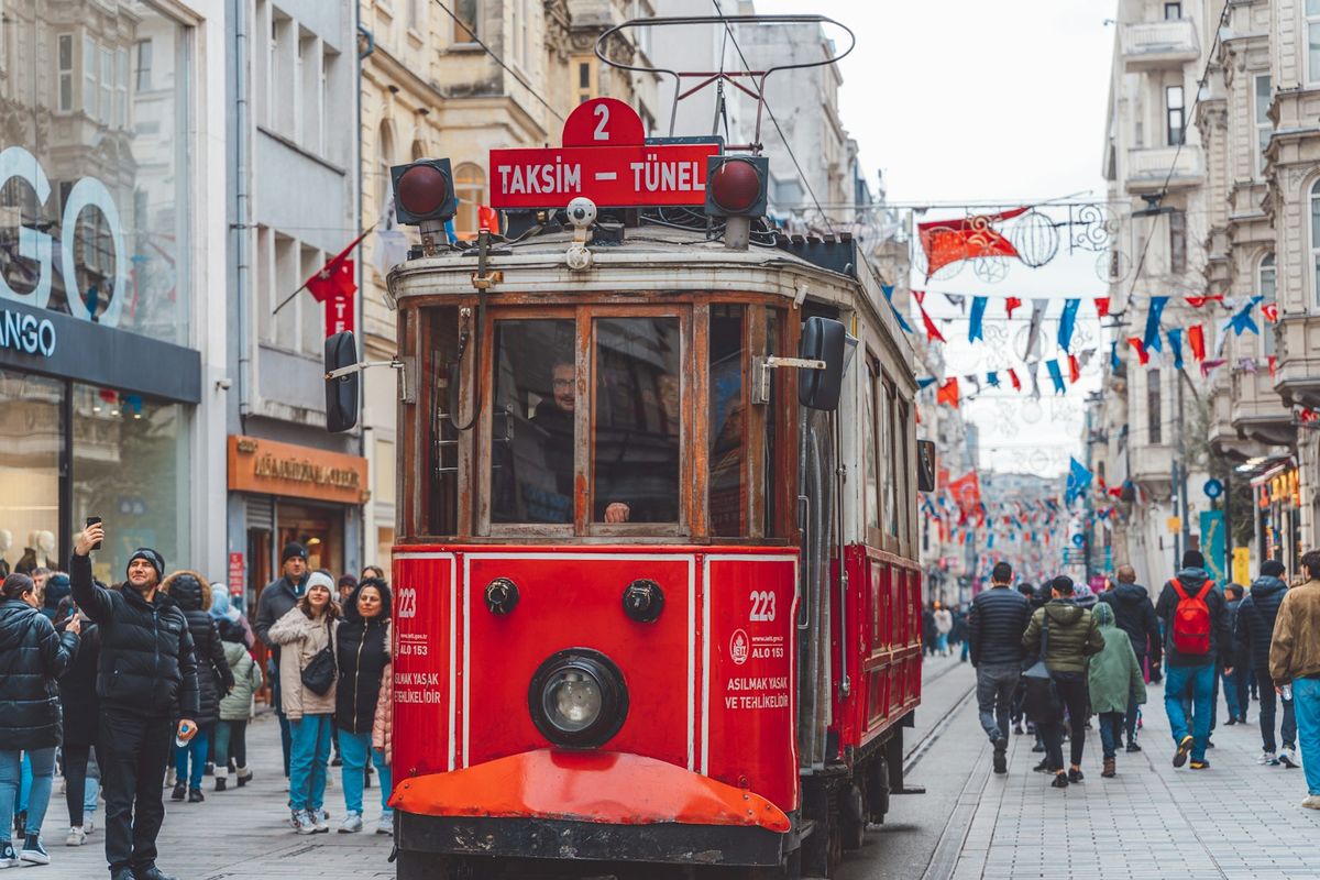 Historic red tram on Istiklal Street in Istanbul