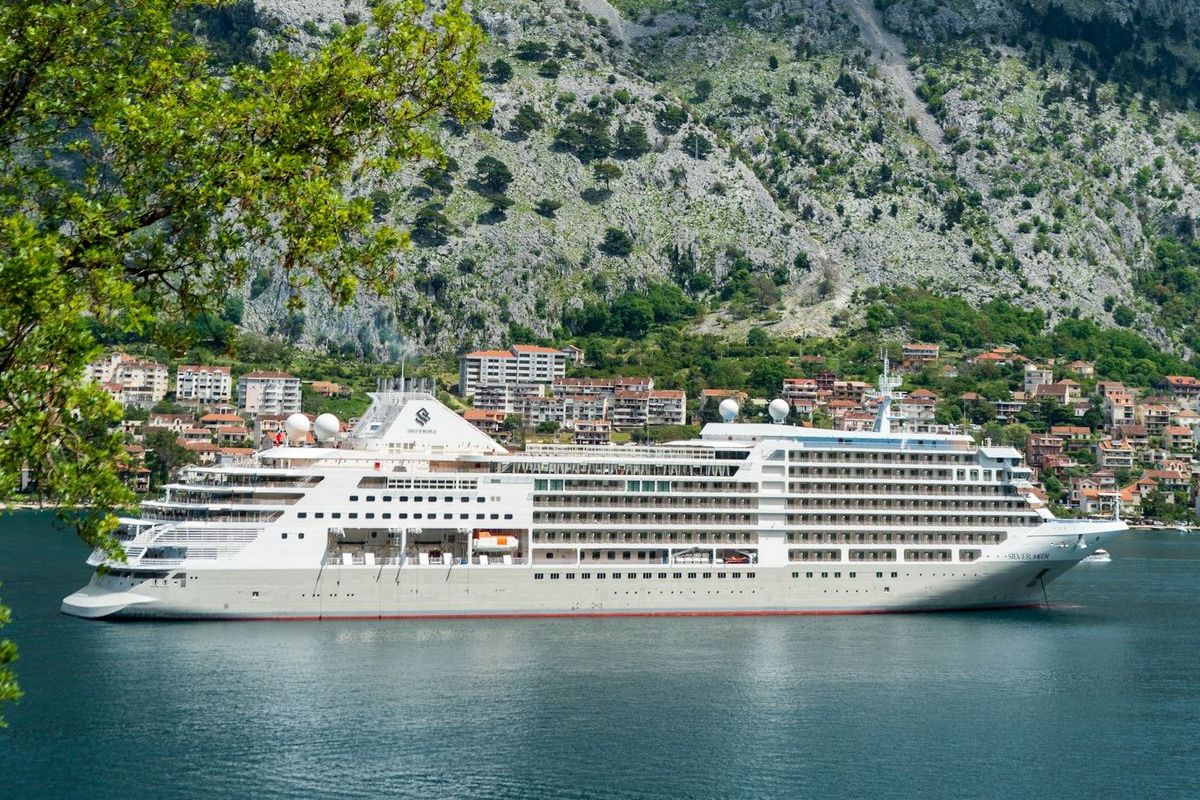 Cruise ship in the Bay of Kotor surrounded by mountains
