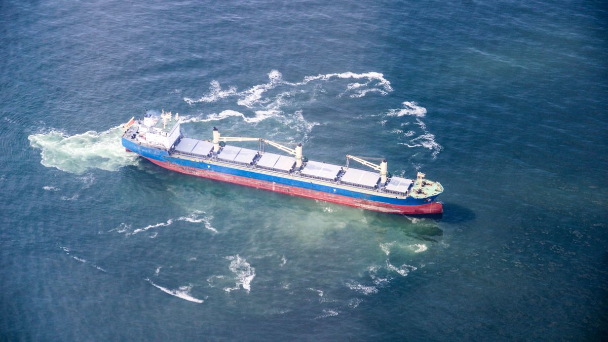 Cargo ship sailing near the port of Le Havre, Normandy