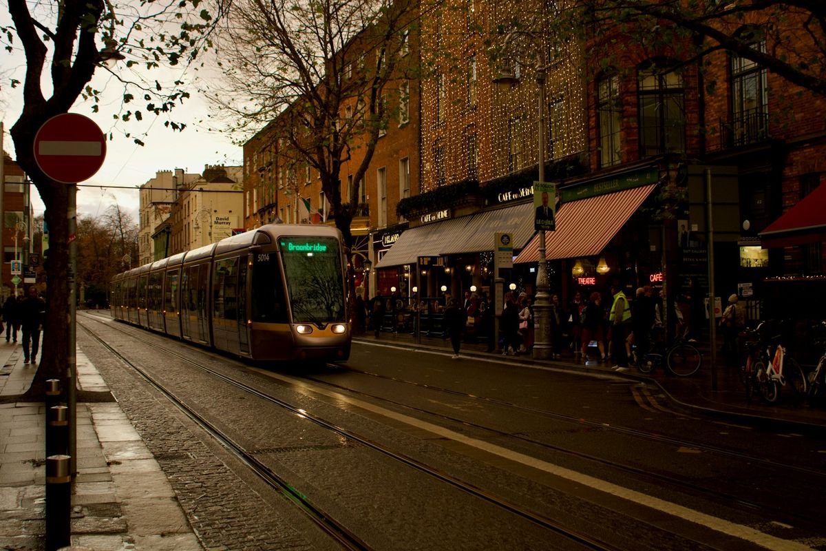 Luas tram on tracks in Dublin city street
