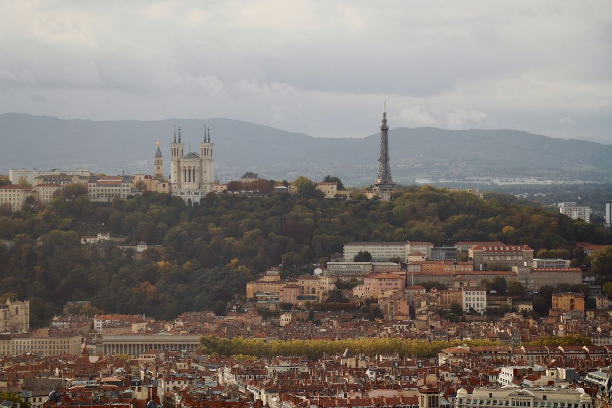 Lyon cityscape with the old town and a distant tower