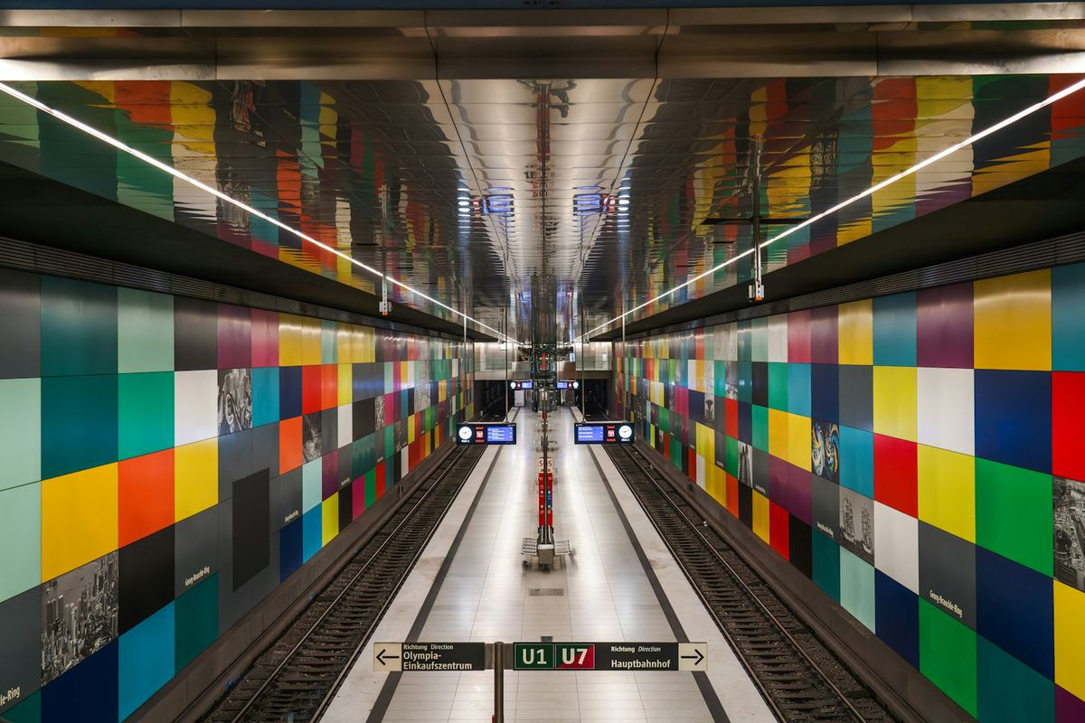 A U-Bahn station in Munich with distinctive tiled walls