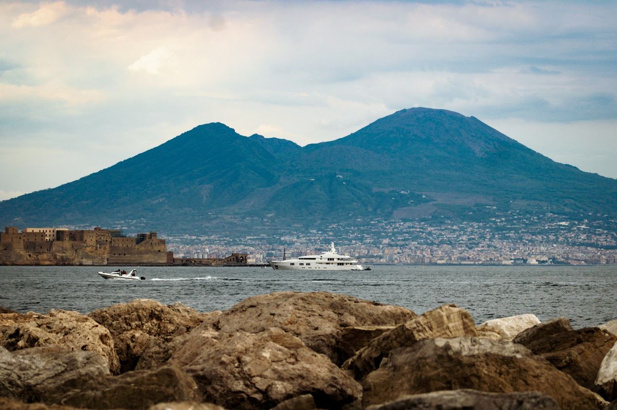 Mount Vesuvius overlooking the coastal city and harbour of Naples