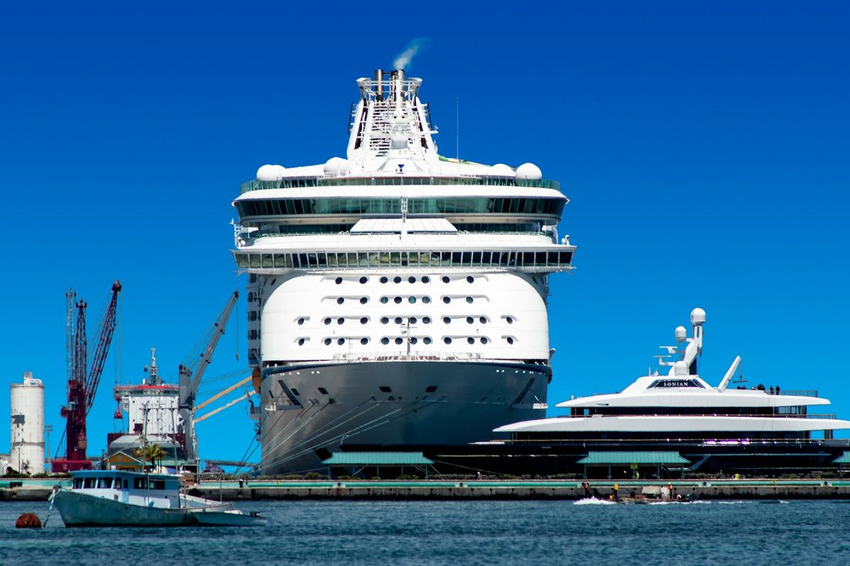 Cruise ship docked at pier in Nassau Bahamas