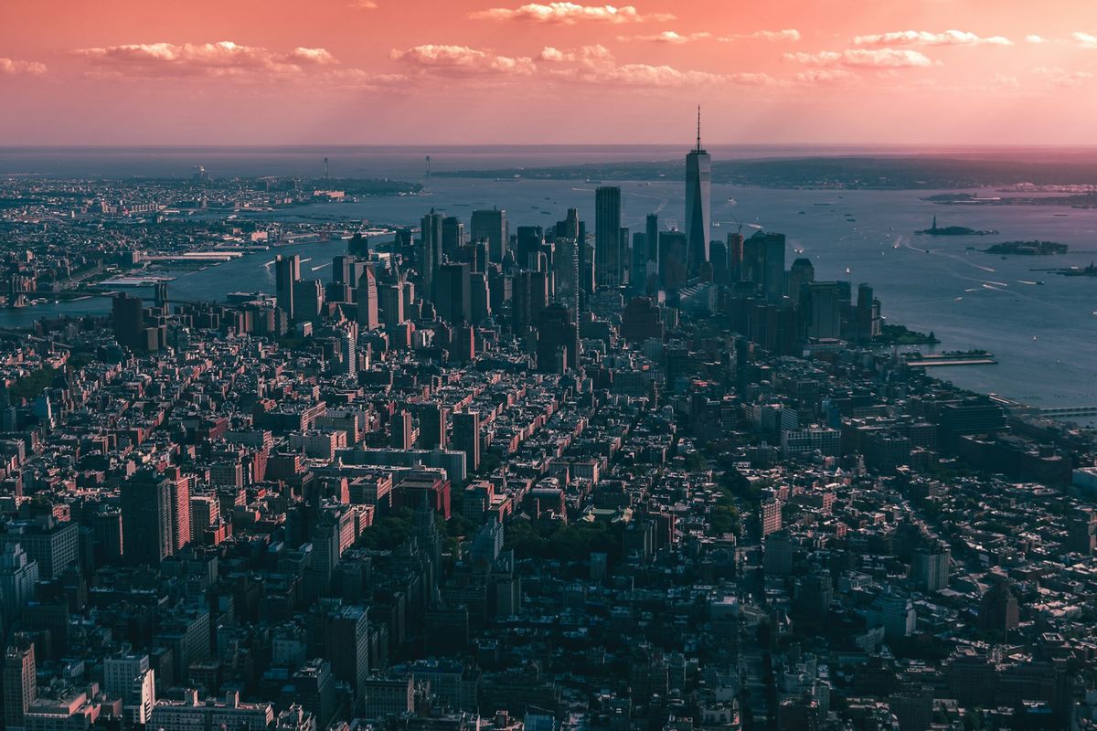 Aerial view of Manhattan New York City buildings and urban cityscape