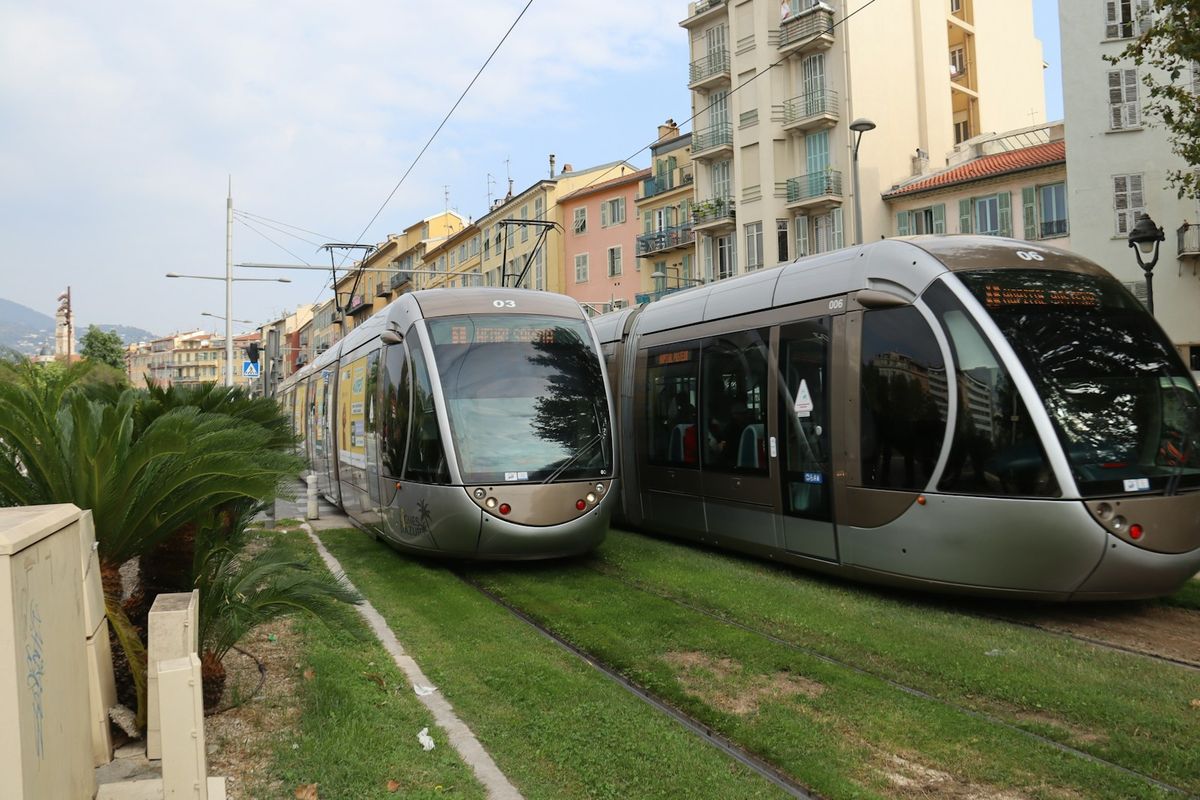 Modern trams on grass-covered tracks in Nice France