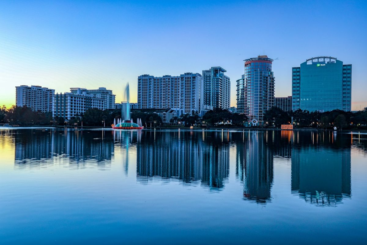 Orlando Florida downtown skyline over Lake Eola