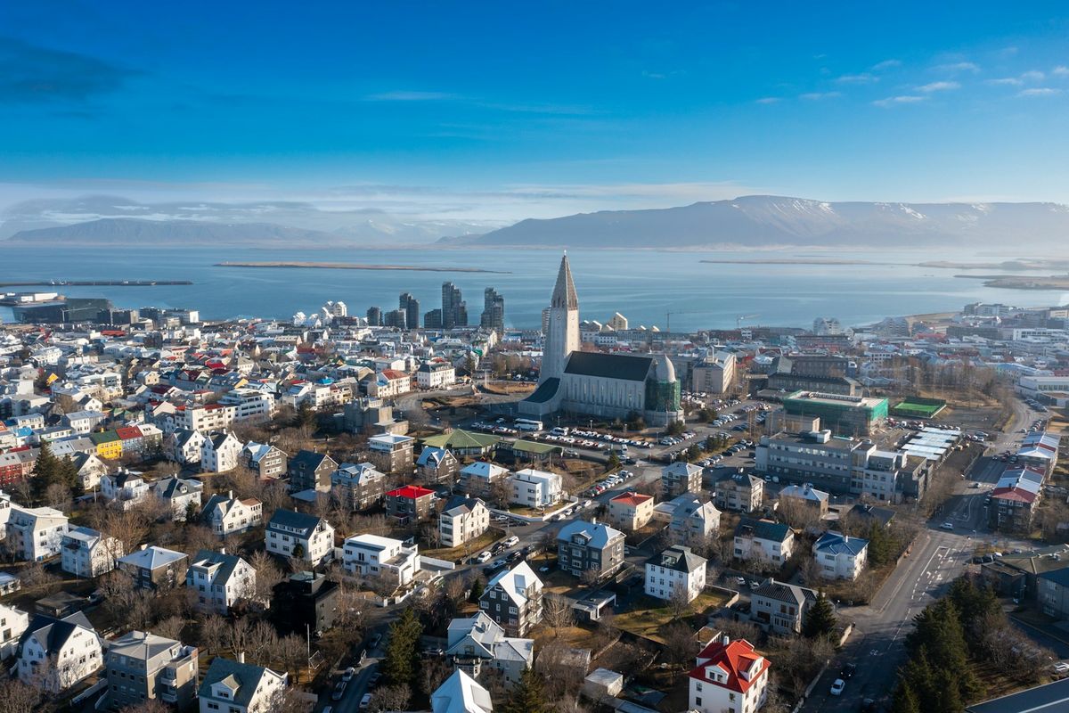 Aerial view of Reykjavik with Hallgrimskirkja church and mountains