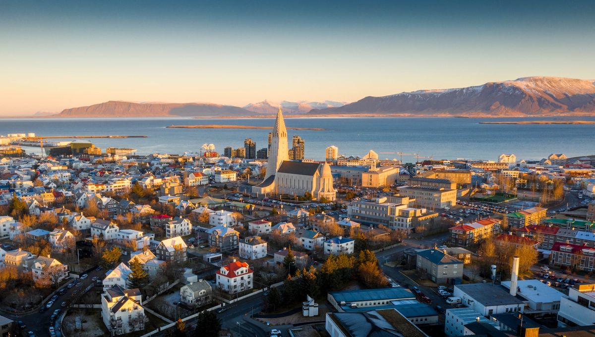 Aerial view of Reykjavik city with Hallgrimskirkja church