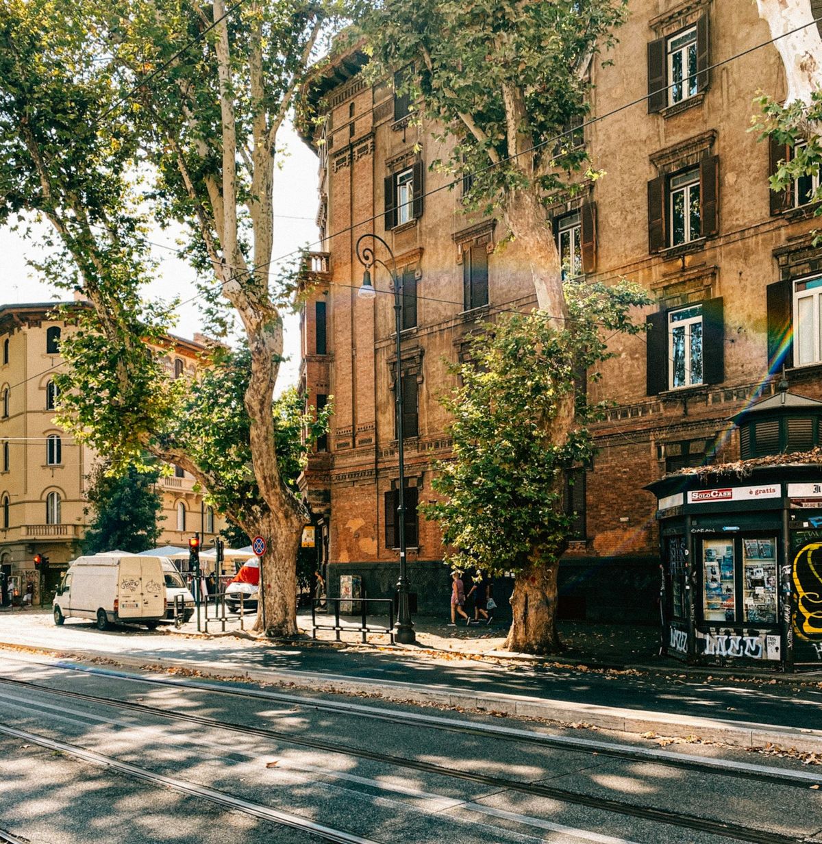 Rome street scene with a tram on the tracks