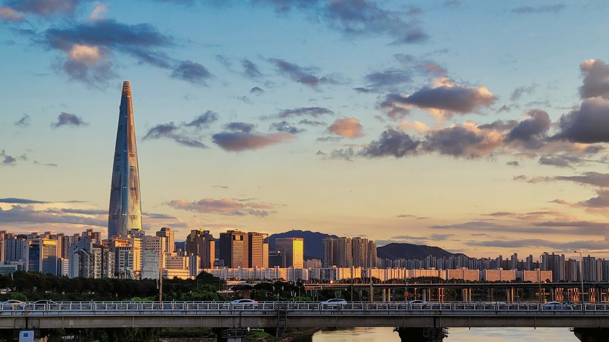 Seoul city skyline featuring a bridge over the Han River
