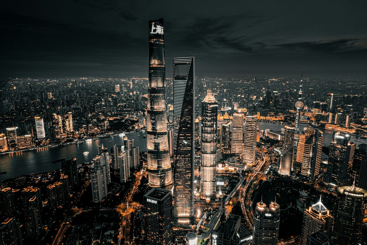 Aerial view of Shanghai city buildings at night