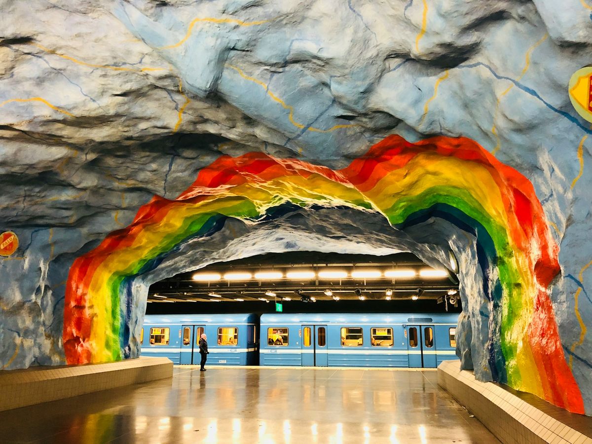 Stockholm Tunnelbana underground cave-like rock art station platform