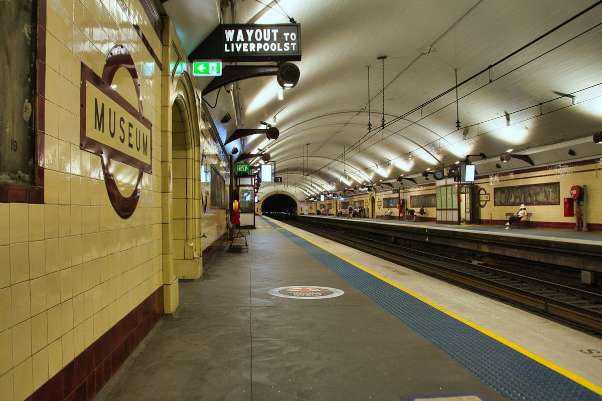 Museum Station platform in Sydney with double-decker trains