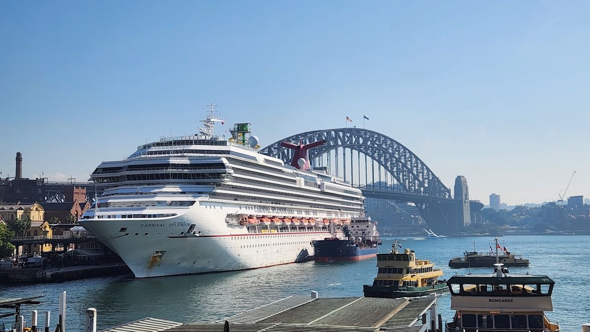 Cruise ship docked in Sydney Harbour with the Harbour Bridge in the background
