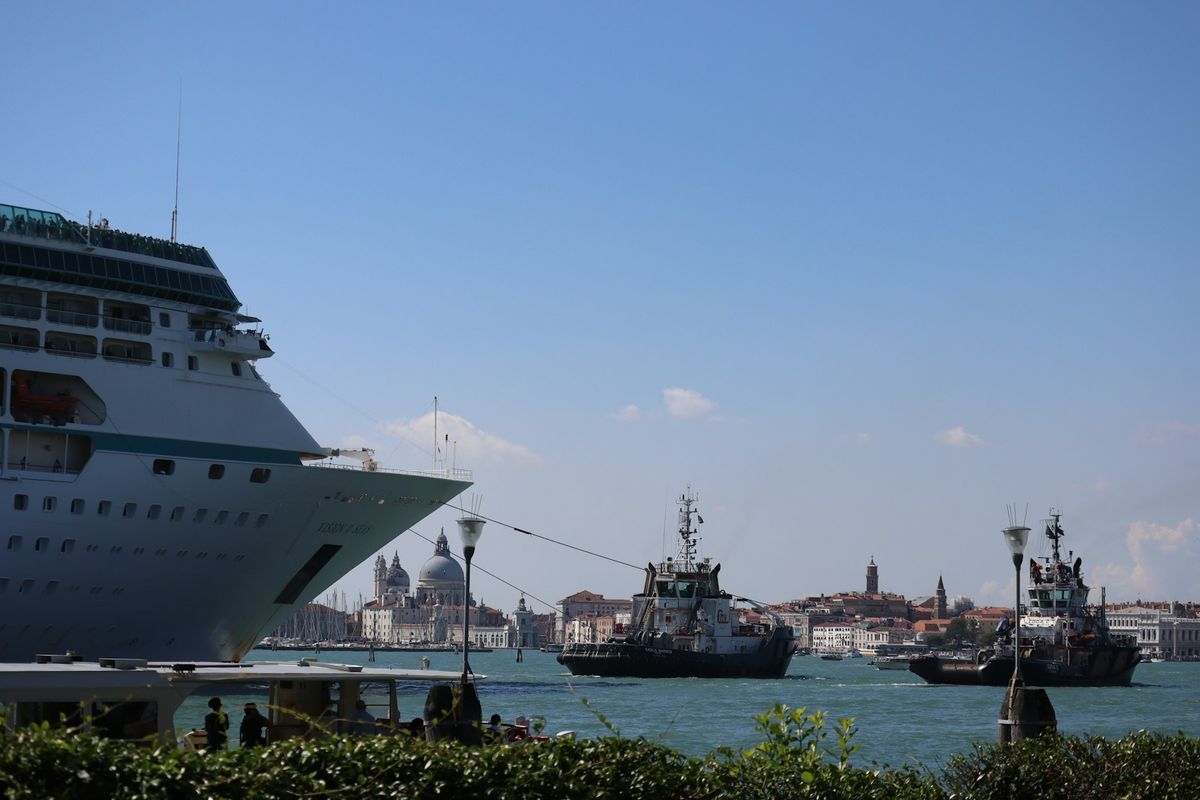White cruise ship on the water near Venice