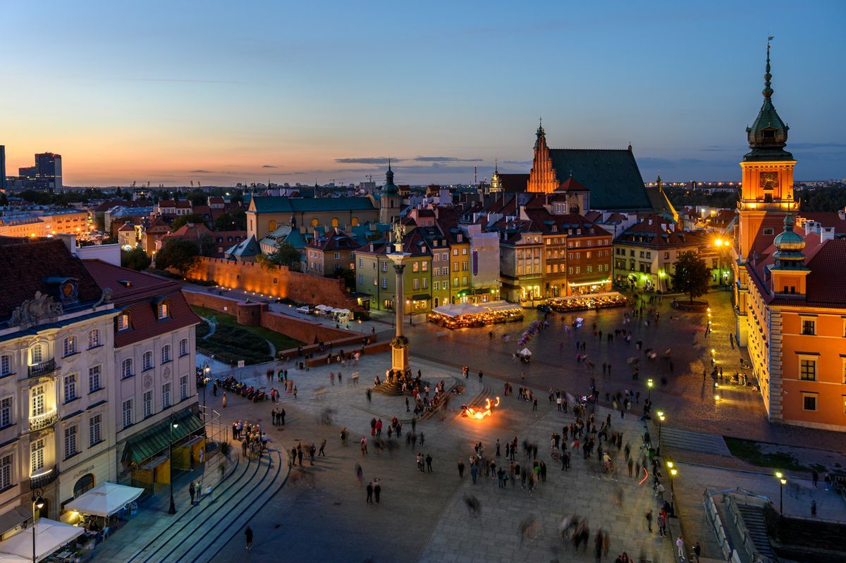 Warsaw aerial nighttime cityscape
