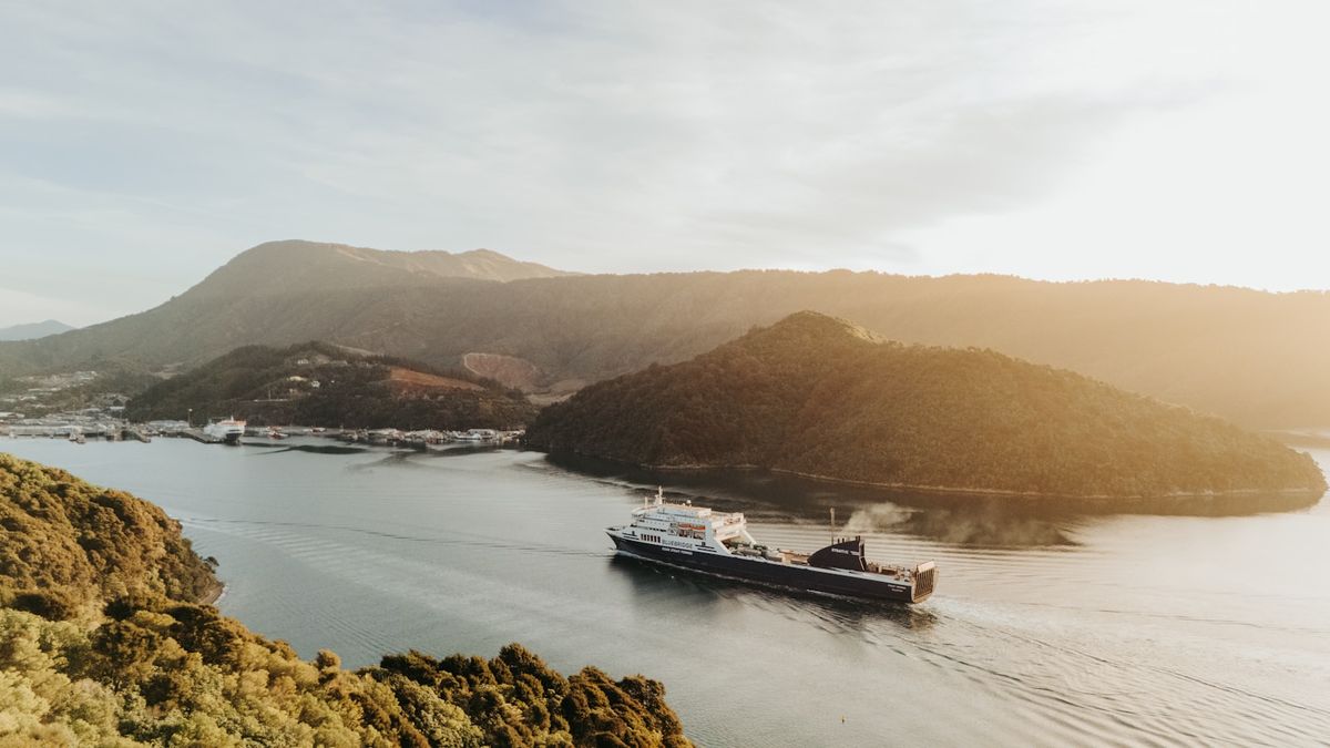 Large passenger ferry traveling across open water in New Zealand