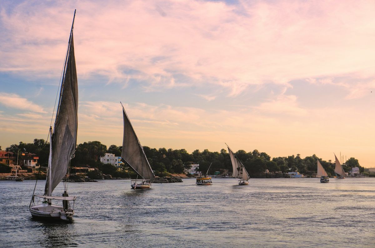 Traditional felucca sailboats on the Nile River at sunset