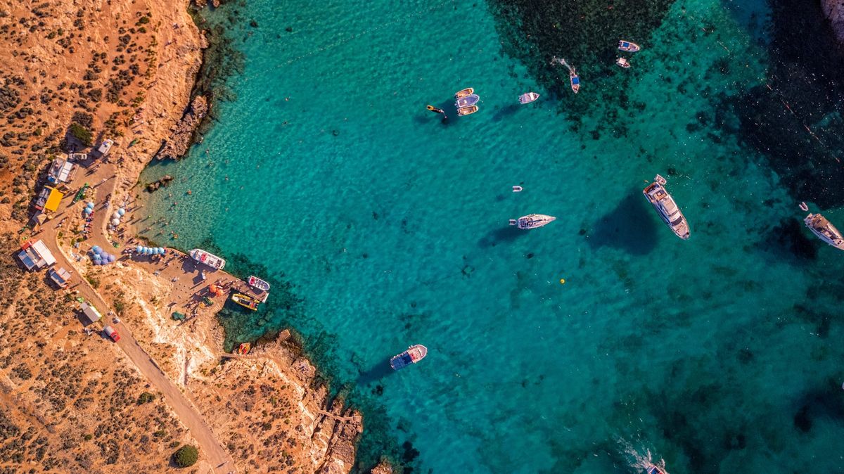 Aerial view of the Blue Lagoon near Comino Malta