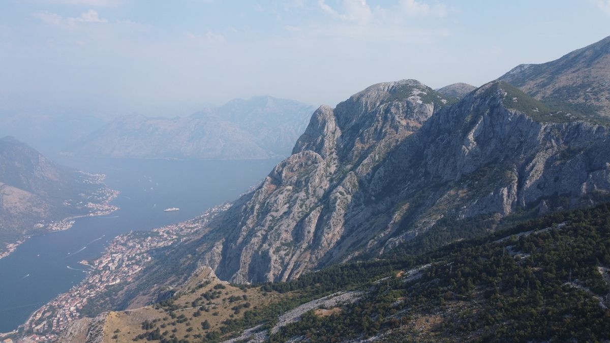Rocky mountains overlooking the coastal town and bay of Kotor Montenegro