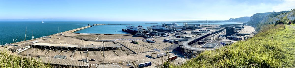 Aerial view of a large ferry dock and terminal