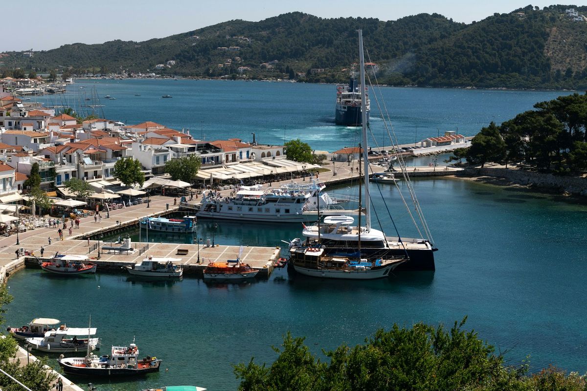 Ferries moored at a Greek island harbour