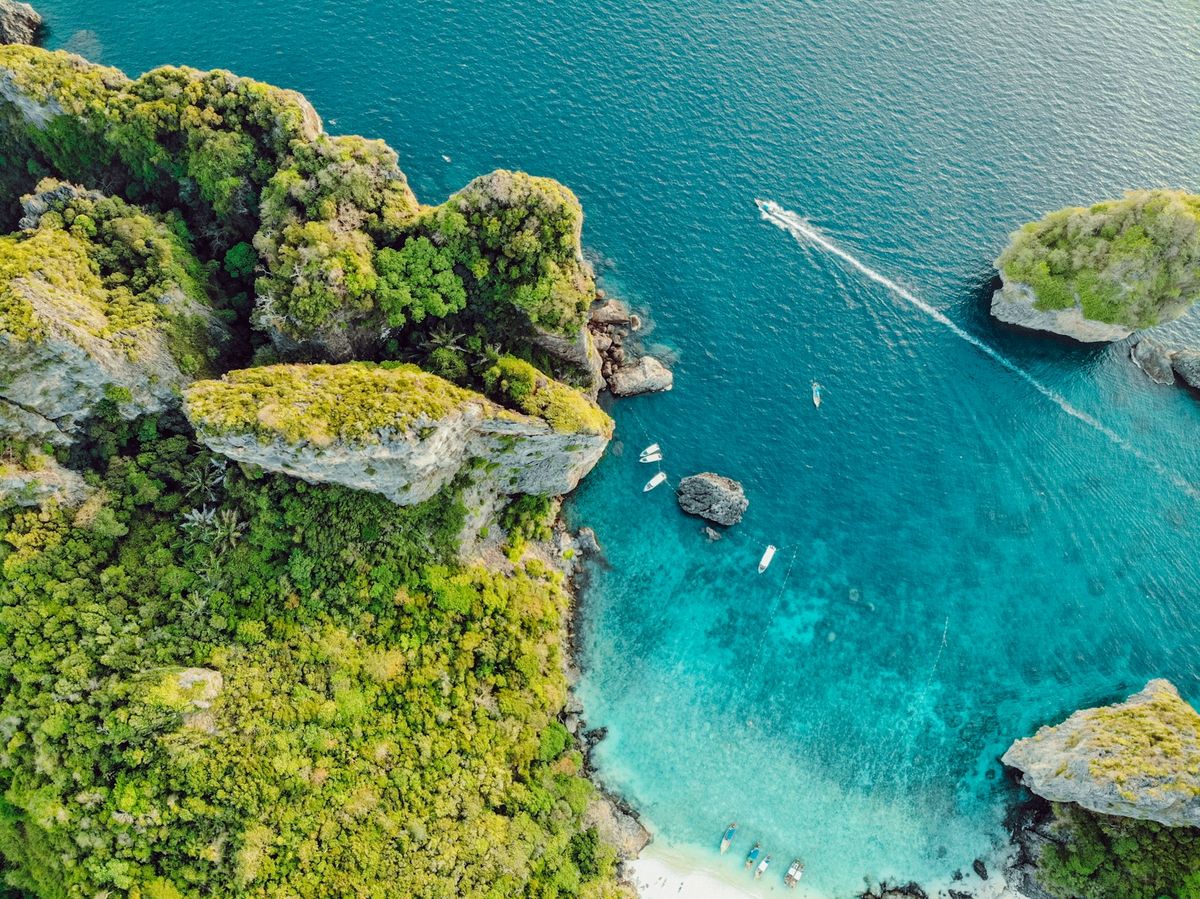Aerial view of Koh Phi Phi island surrounded by blue sea