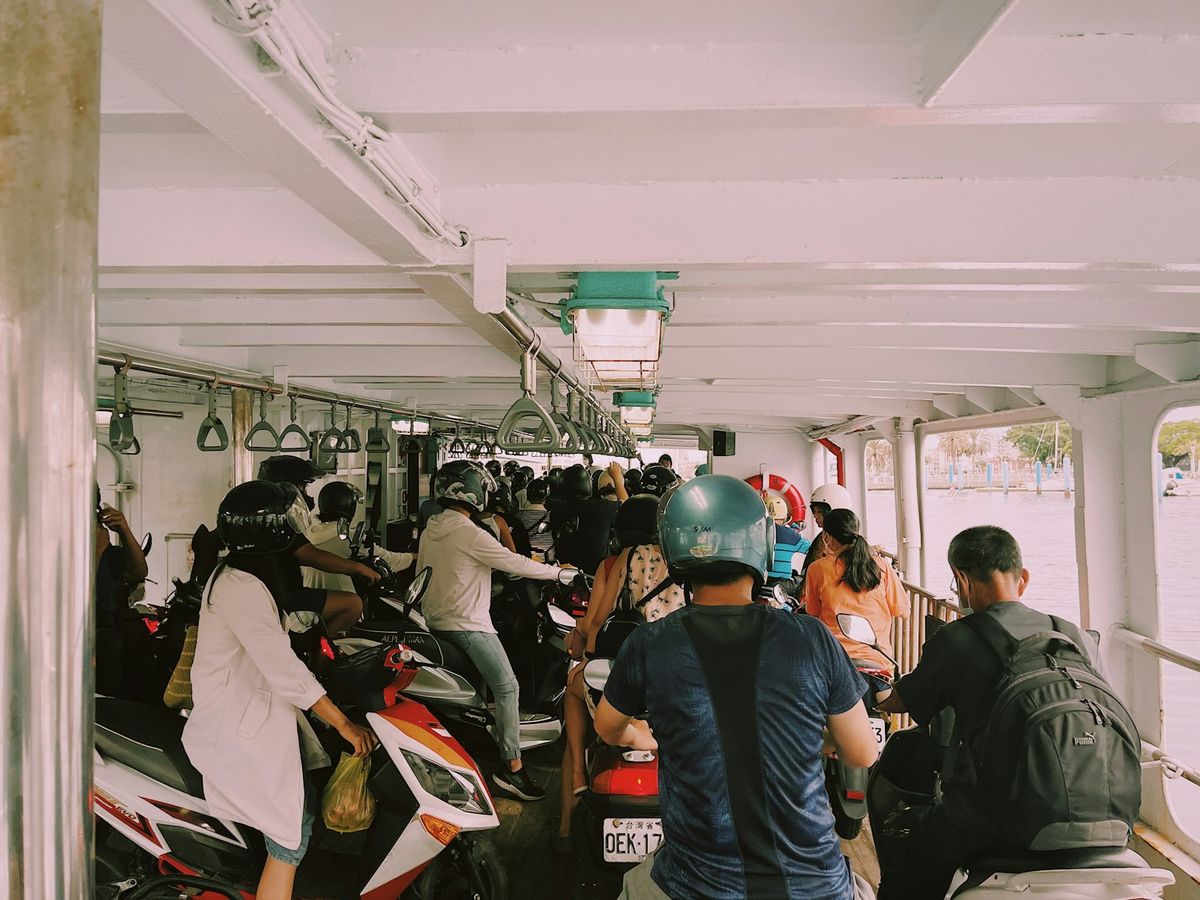 Scooters and motorcycles aboard a ferry boat