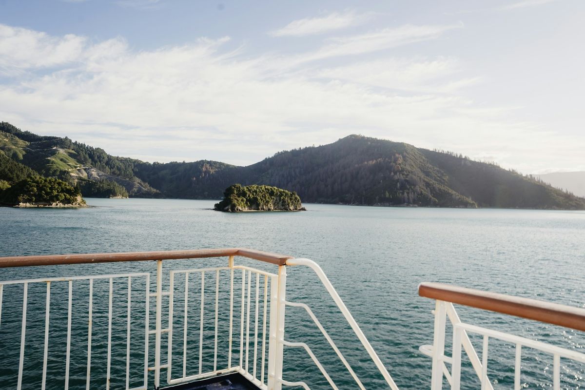 View across the water from the Interislander ferry, Marlborough Sounds, New Zealand