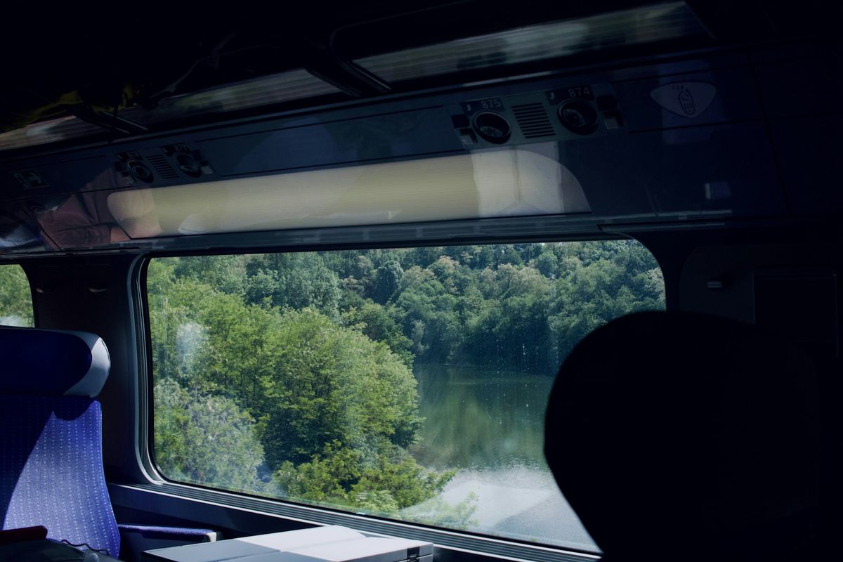 View from a train window showing forest and water passing by