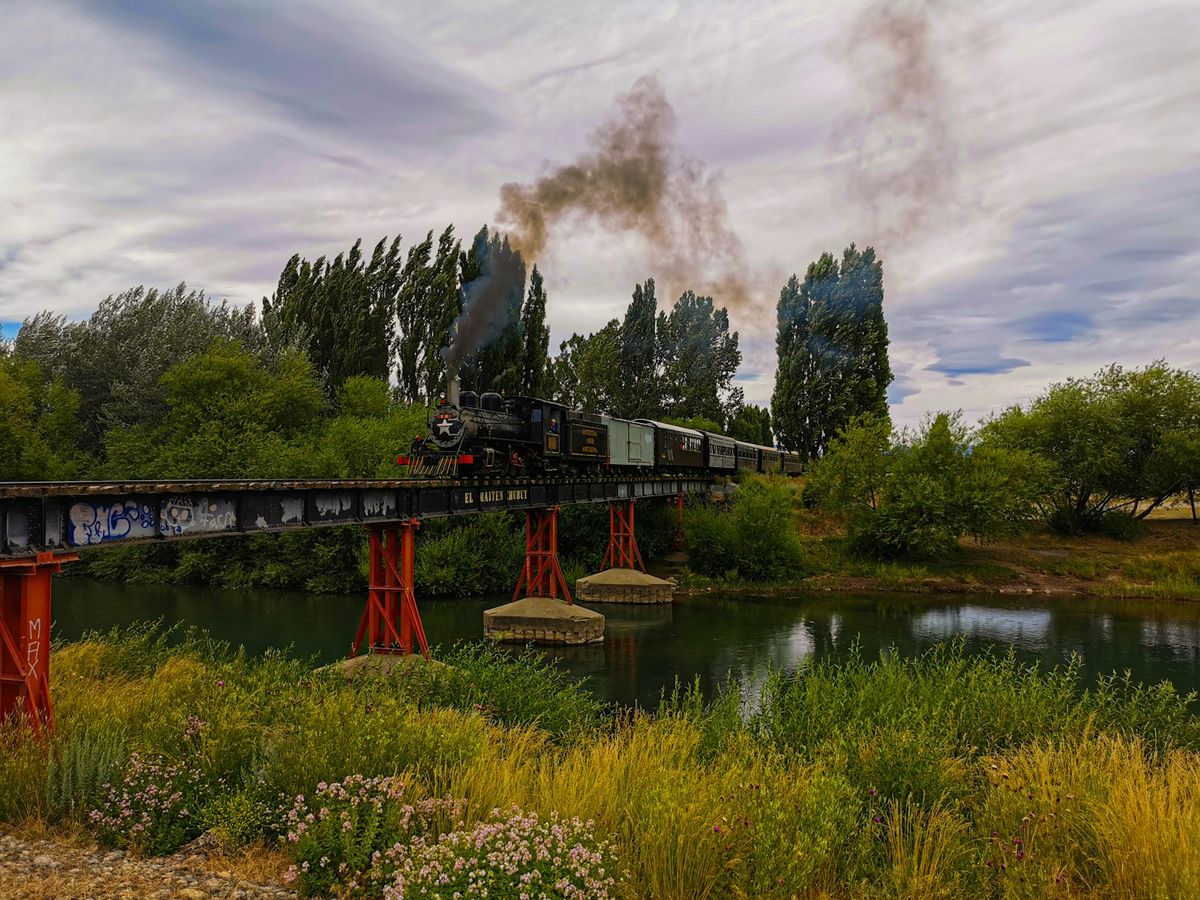 Train crossing a high viaduct bridge in the Argentine mountains