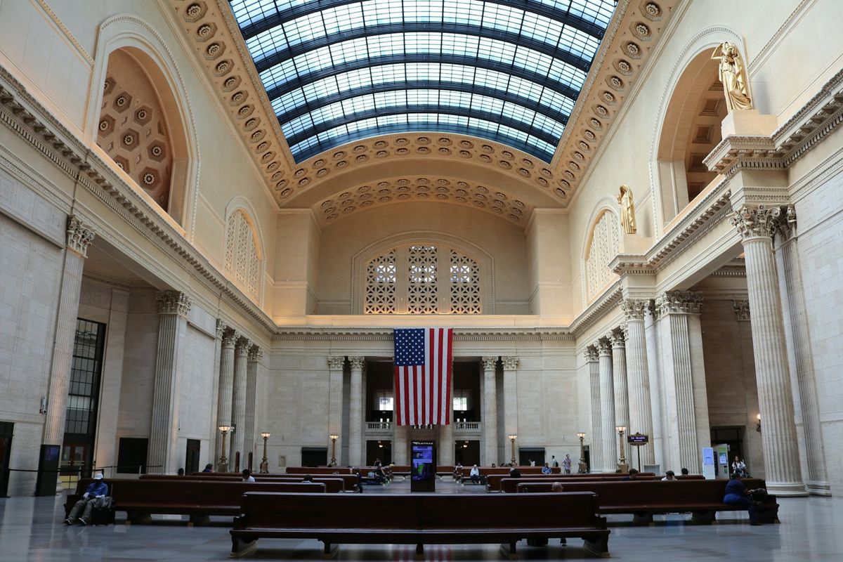 Chicago Union Station exterior with American flag