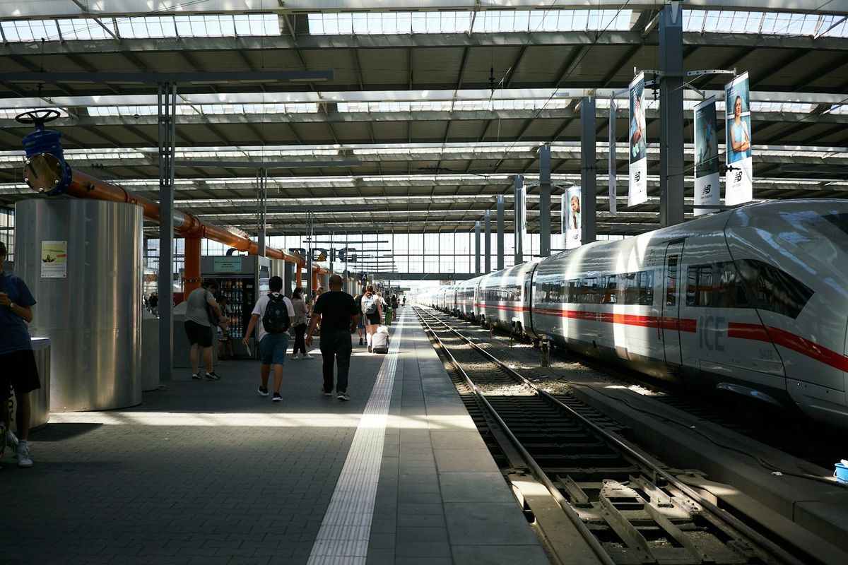 High-speed train pulling into a European station